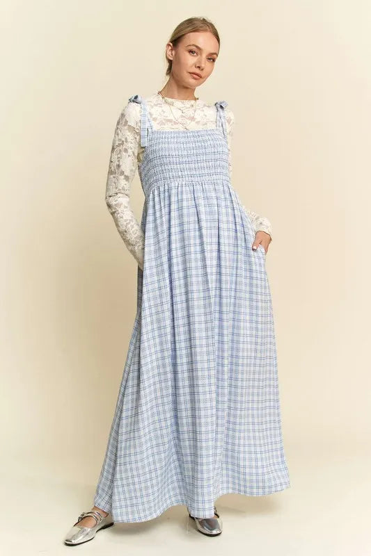 Davi & Dani Plaid Smocking Sleeveless Maxi Dress