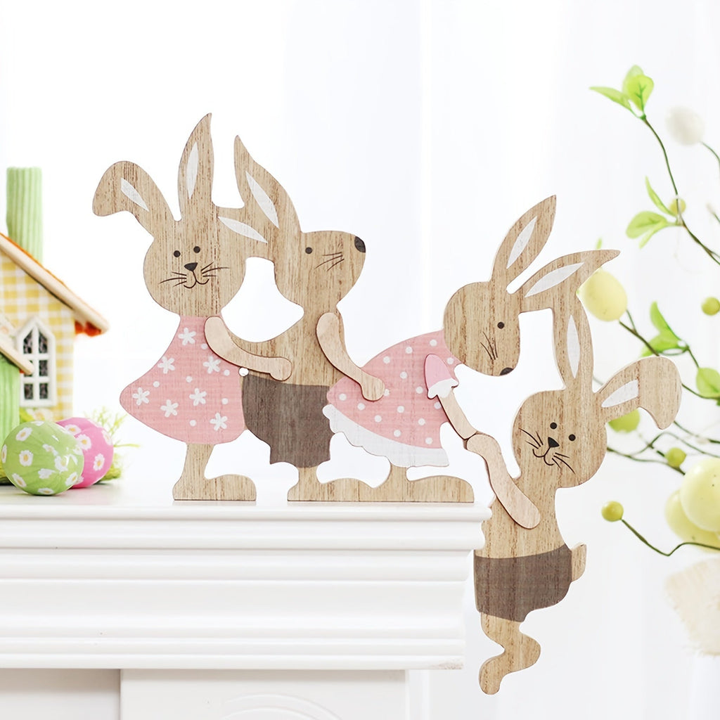 Rustic Wooden Easter Bunny Family Ornament 3D Decoration