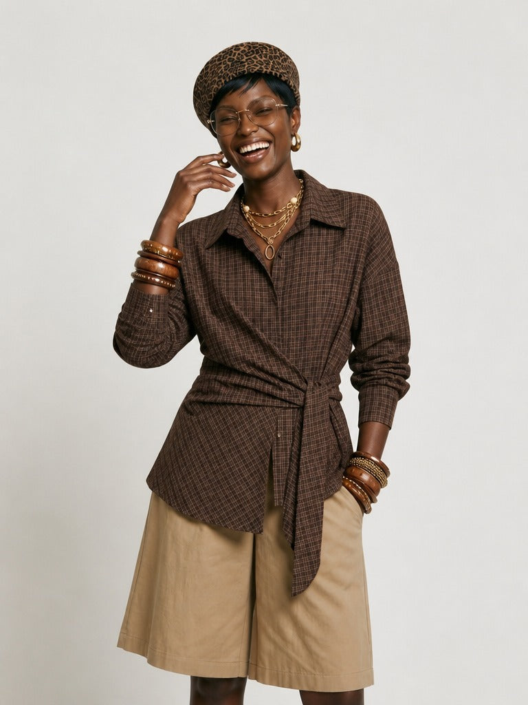 Grounded Plaid Tie-Waist Blouse