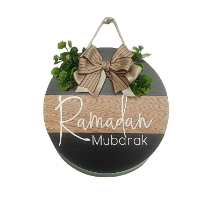 Ramadan Wooden Wreath with Green Leaf & Bow